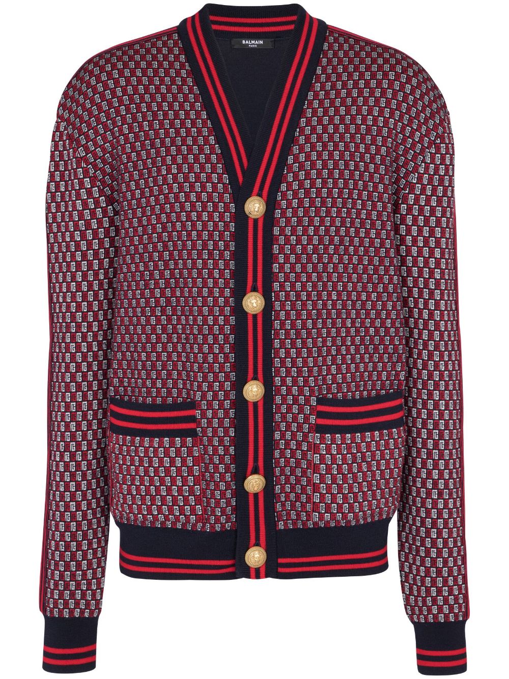 Balmain monogram-print checked wool cardigan - Red