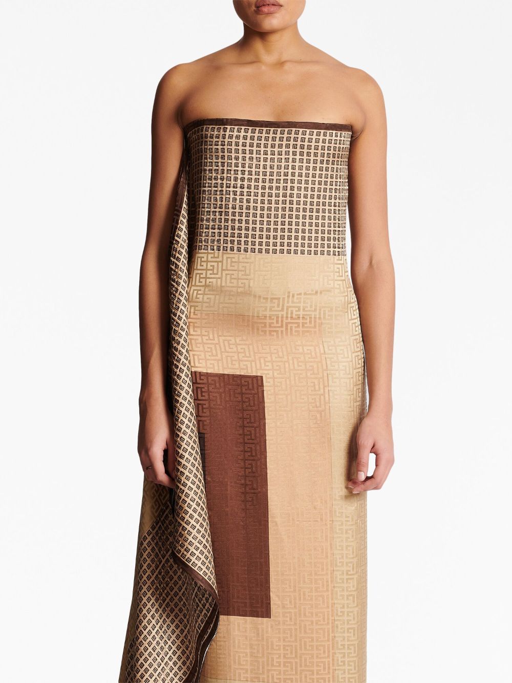 Shop Balmain Monogram-print Strapless Silk Maxi Dress In Brown
