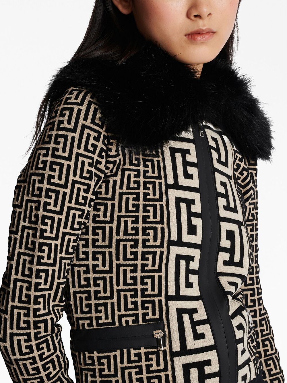 Balmain faux fur collar monogram jacket Women