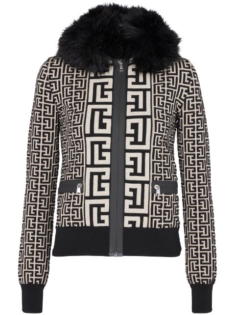 Balmain faux fur collar monogram jacket Women