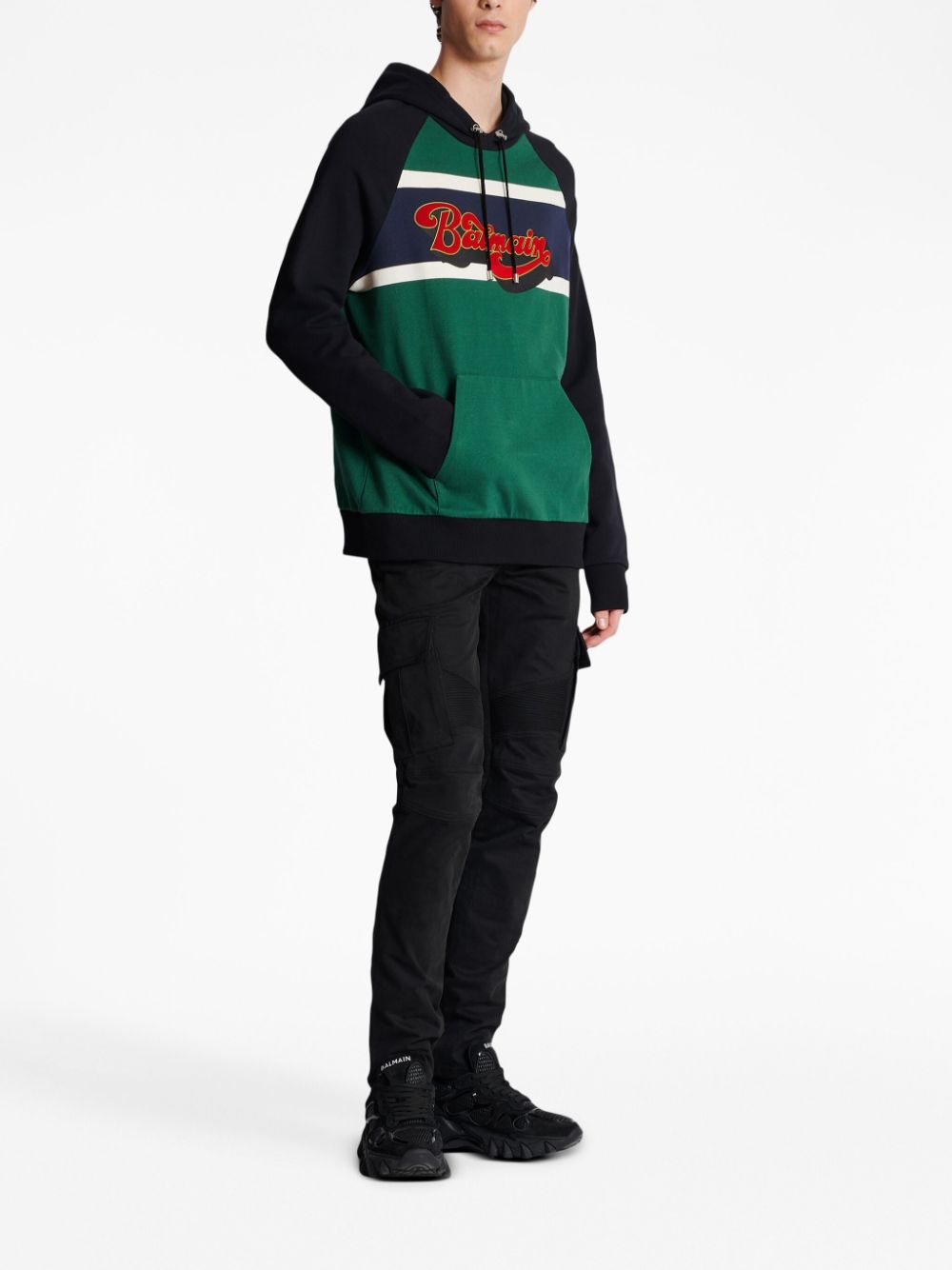 Shop Balmain Logo-print Cotton Hoodie In Green