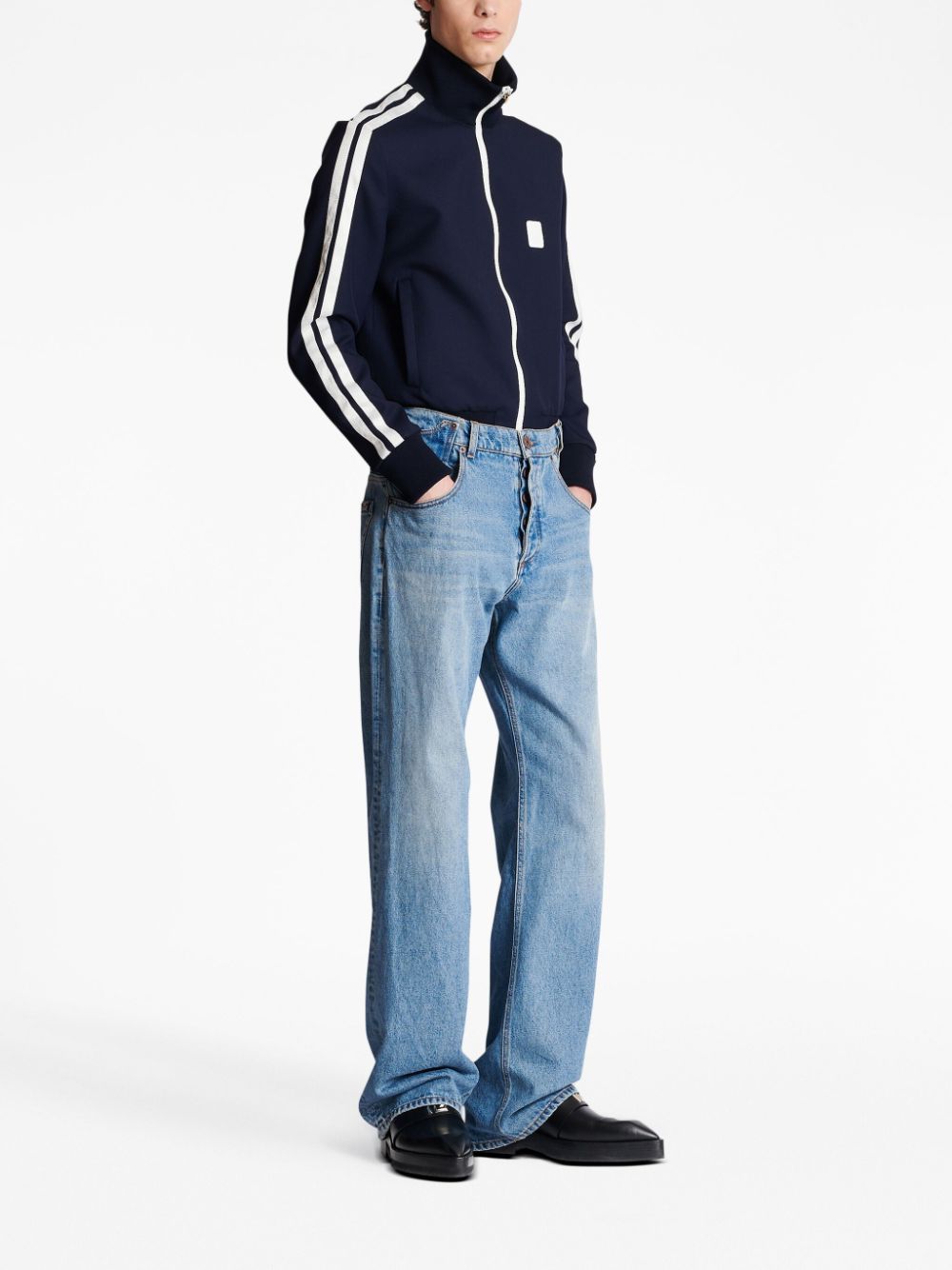 Shop Balmain Contrast-pocket Wide-leg Jeans In Blue