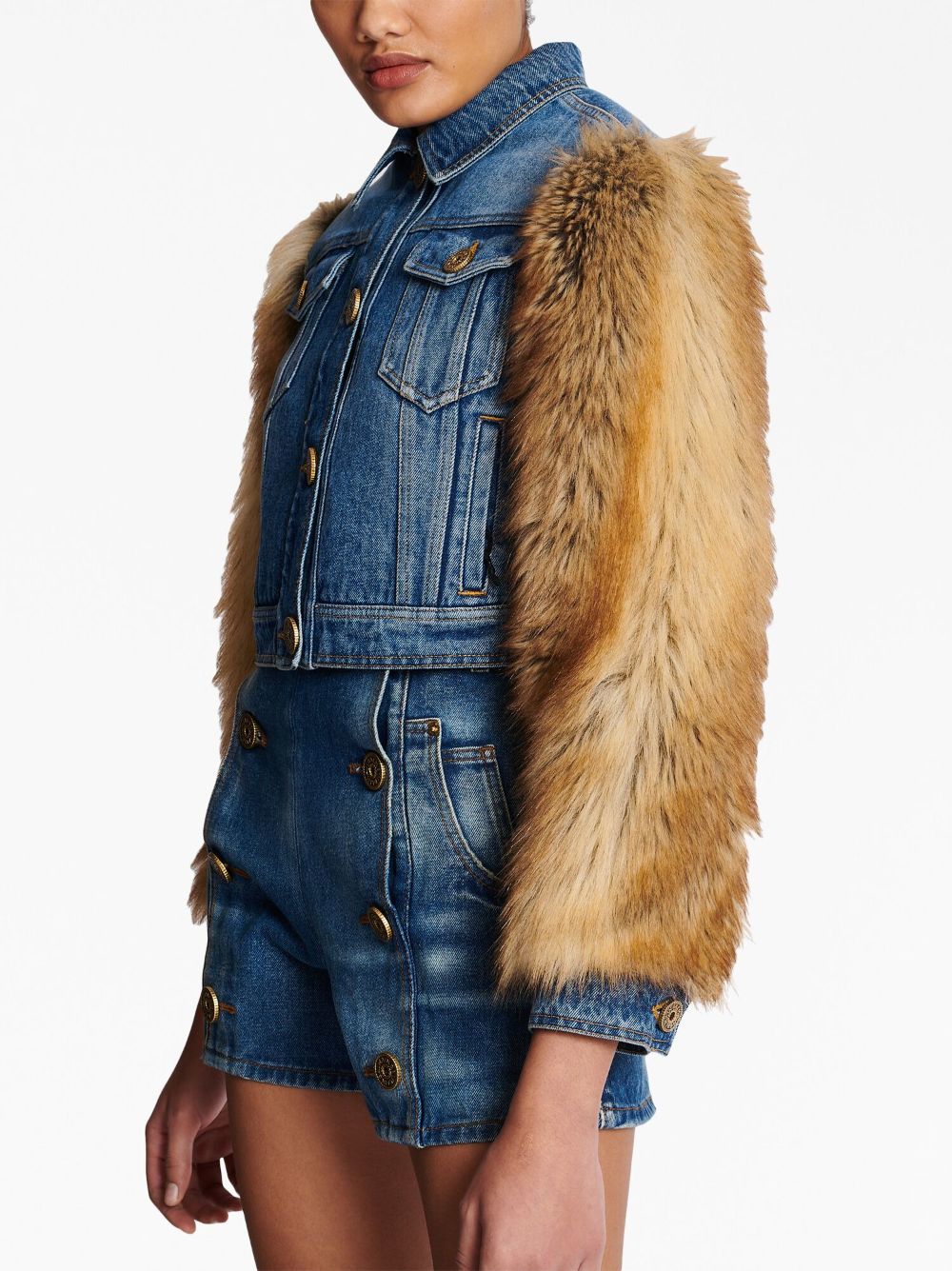 Balmain faux fur sleeve denim jacket Women