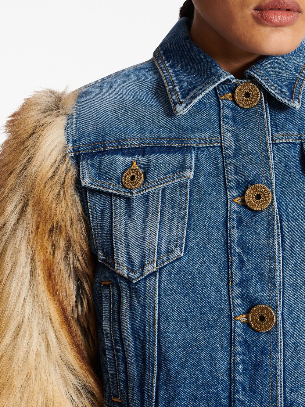 Balmain faux fur sleeve denim jacket Women