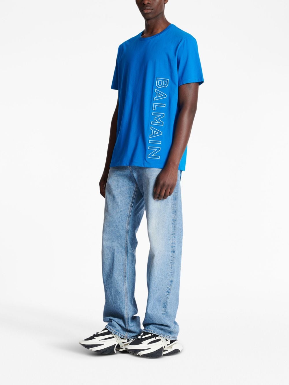 Shop Balmain Logo-print Short-sleeved Cotton T-shirt In Blue