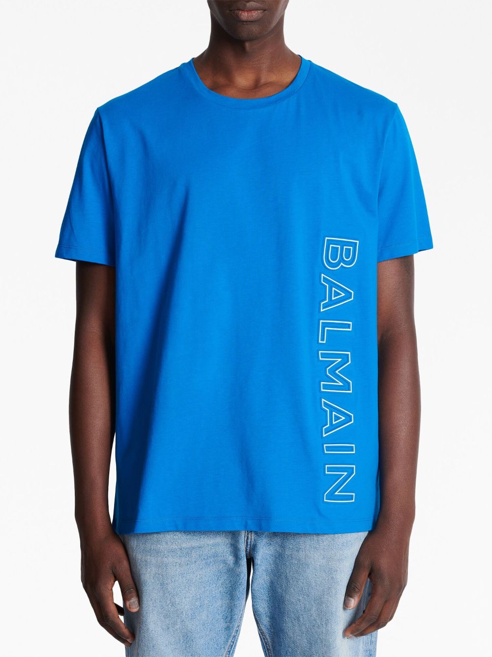 Shop Balmain Logo-print Short-sleeved Cotton T-shirt In Blue