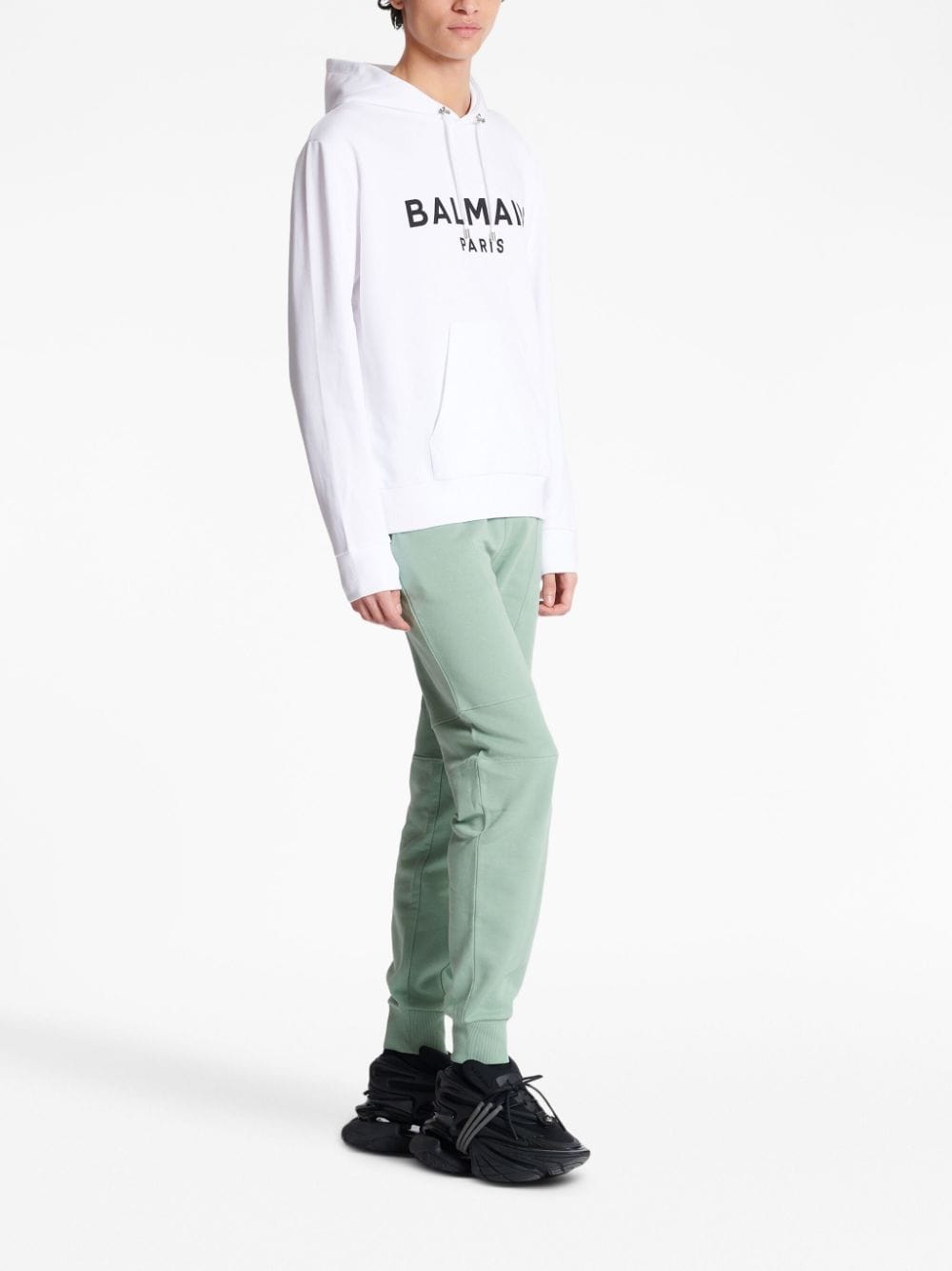 Shop Balmain Logo-print Long-sleeved Hoodie In White
