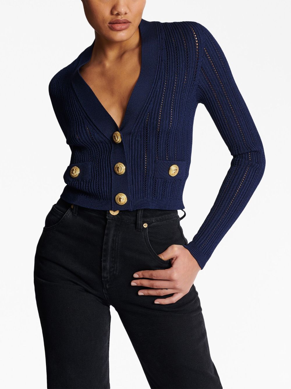 Shop Balmain V-neck Cropped Cardigan In Blue