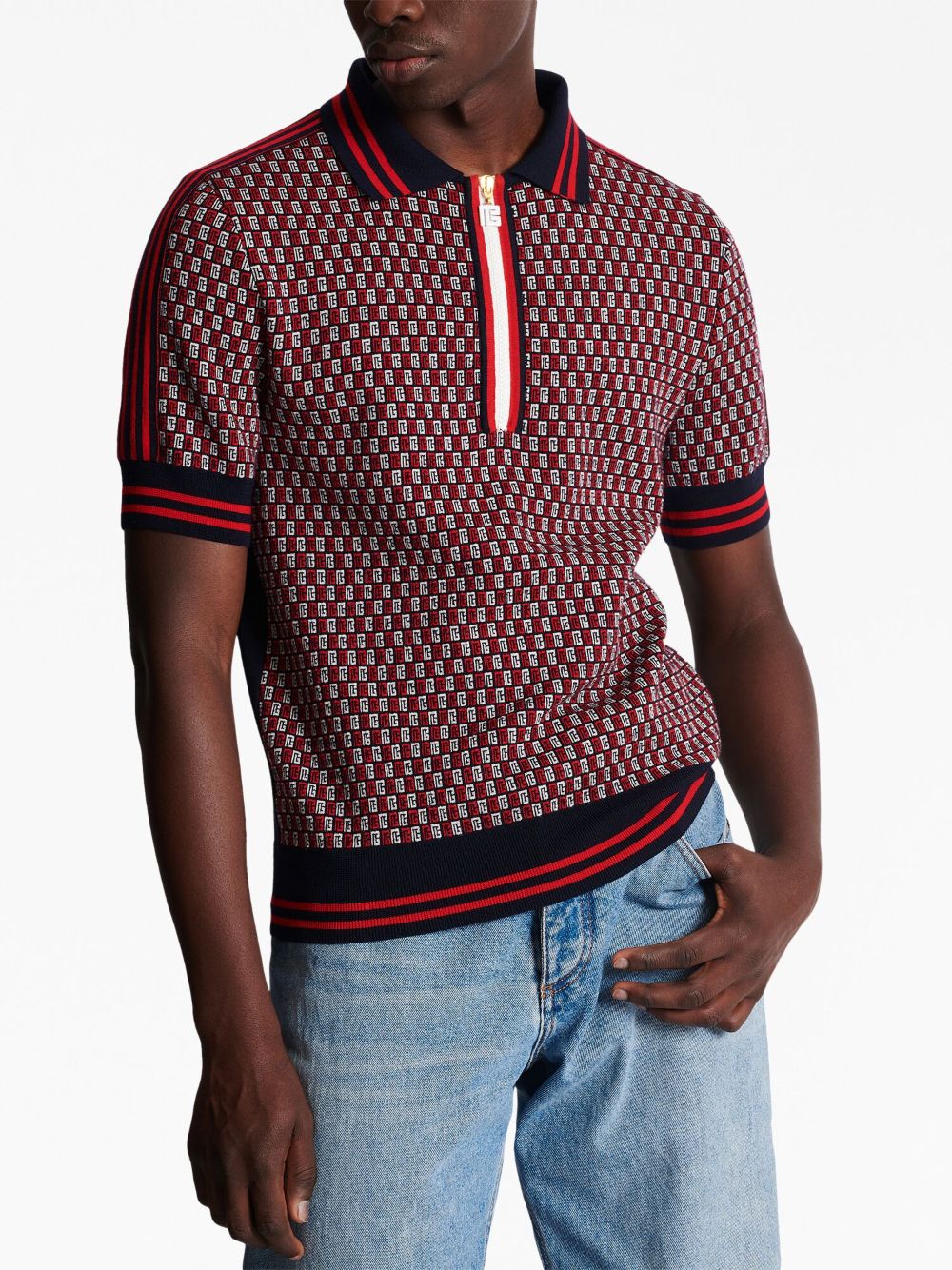 Shop Balmain Monogram Wool Polo Shirt In Red