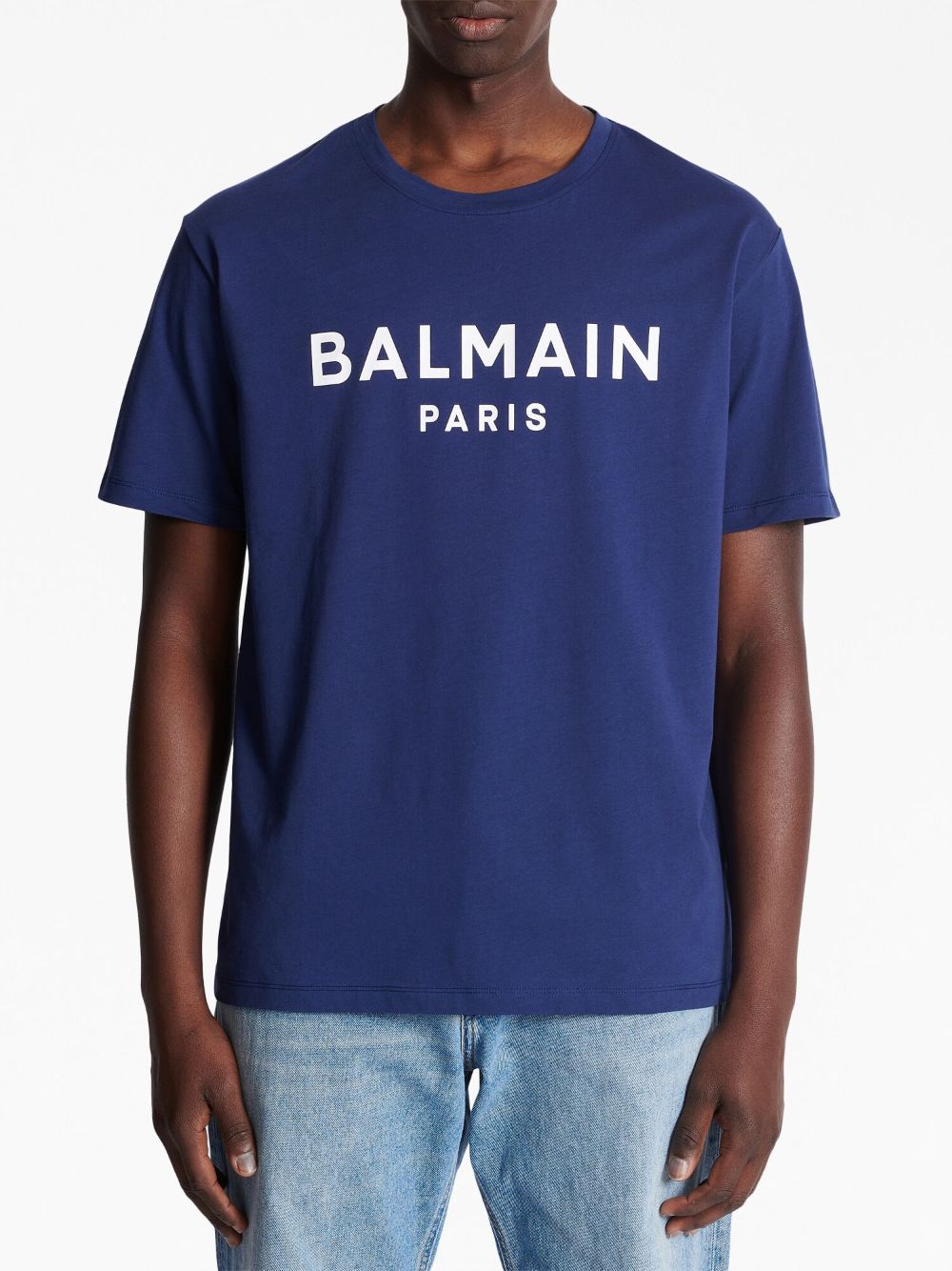 Shop Balmain Logo-print Short-sleeve Cotton T-shirt In Blue