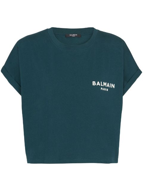 Balmain flocked-logo cropped T-shirt