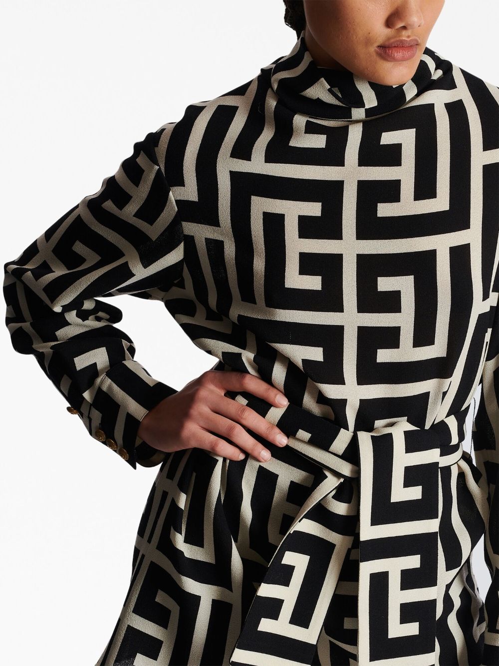 Balmain monogram-pattern belted blouse Women