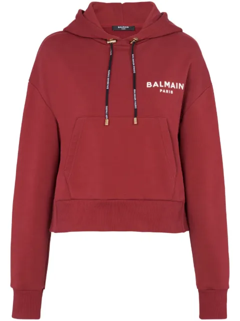 Balmain flocked-logo cropped hoodie