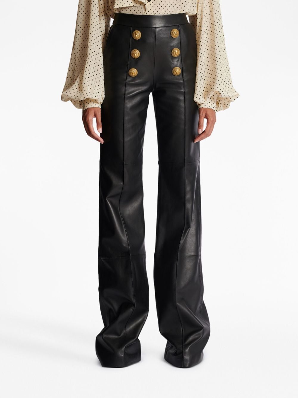 Shop Balmain Button-embellished Leather Flared Trousers In 0pa