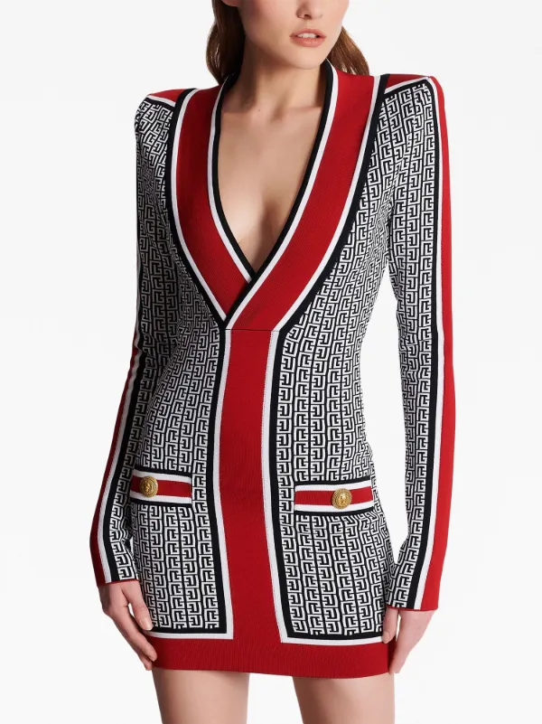 Balmain V-neck Monogram Knitted Minidress | Black | FARFETCH