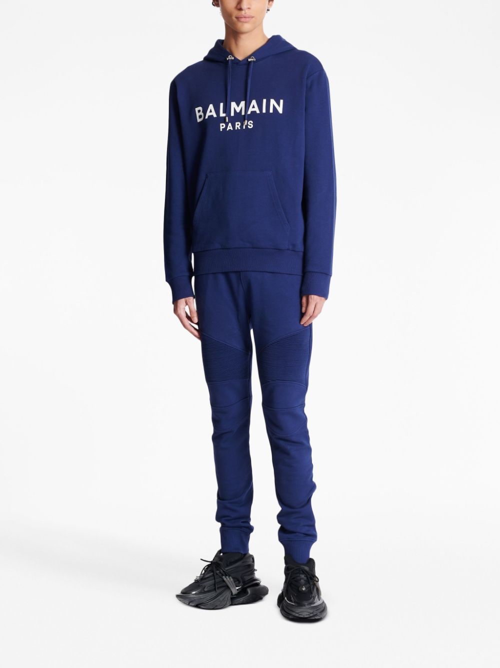 Shop Balmain Logo-print Long-sleeved Hoodie In Blue