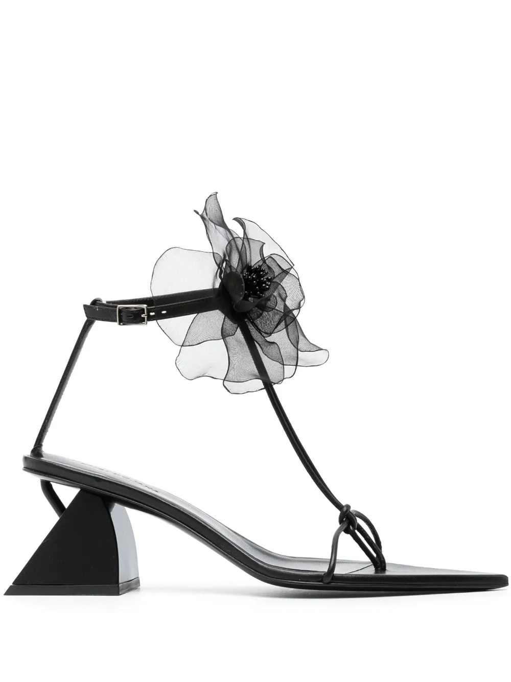 Nensi Dojaka Point Toe Soft Leather T-strap Sandals With Flower Applicati In Black