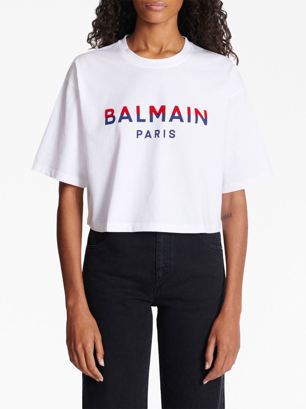 Shop Balmain Flocked-logo Cropped Organic-cotton T-shirt In White