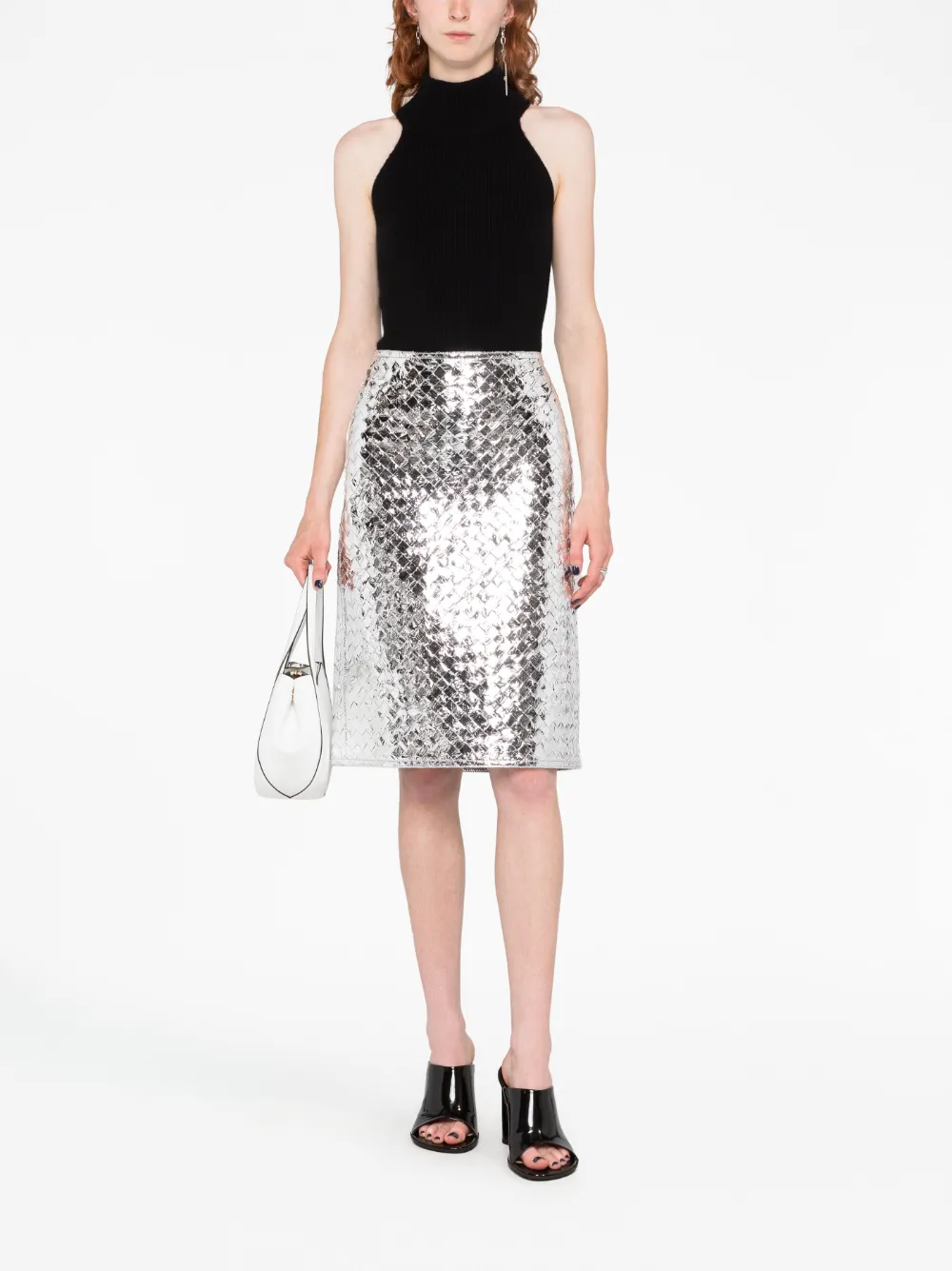 Shop Bottega Veneta Intrecciato Pencil Skirt In Silver