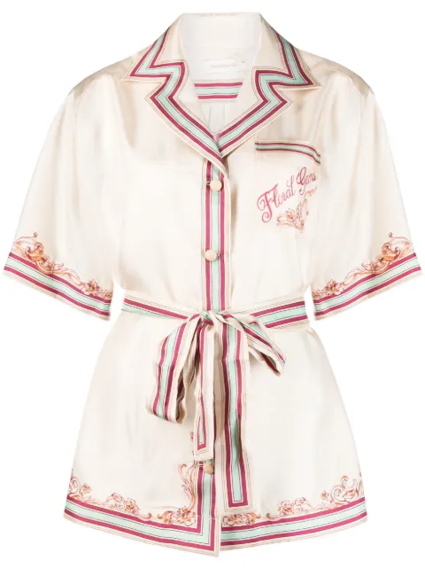 floral-print belted silk shirt