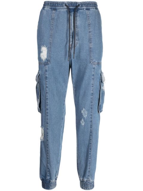 Juun.J distressed-effect drawstring cotton tapered jeans