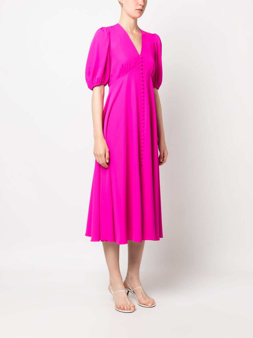 Nissa Puff-sleeve V-neck Flared Dress In Pink | ModeSens