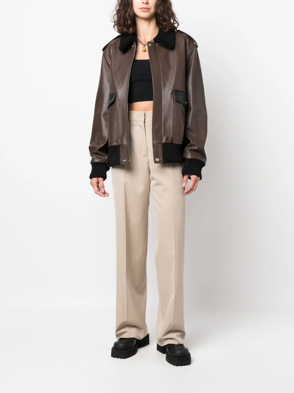  Palm Angels Racing Aviator Leather Jacket - Brown 