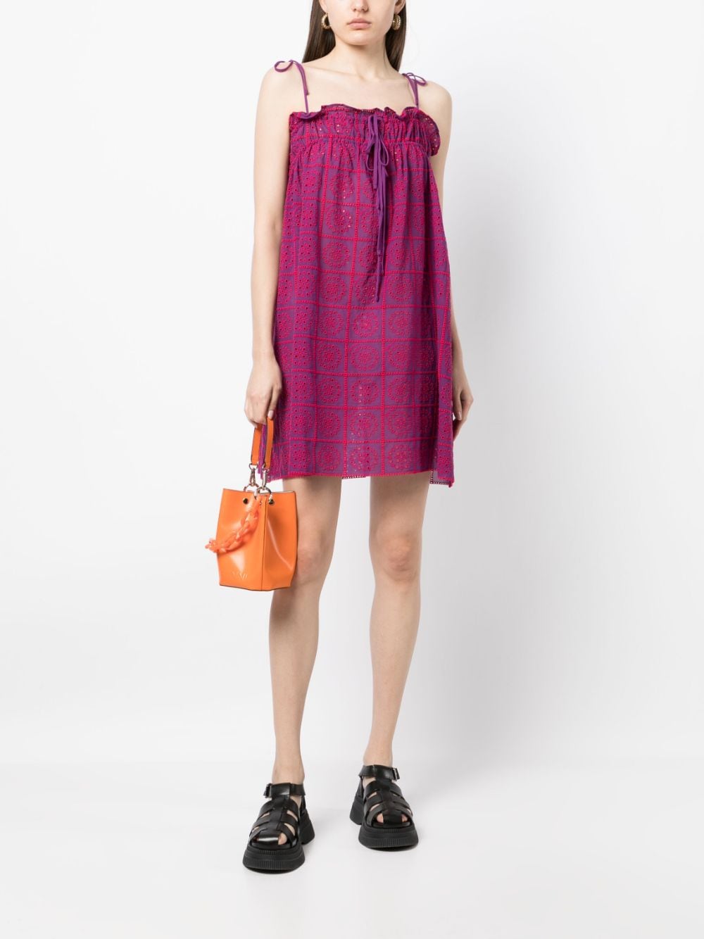 Shop Ganni Broderie-anglaise Strap Dress In Purple