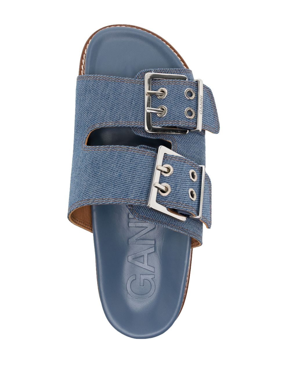 Shop Ganni Buckle-fastening Denim Flat Sandals In Blau
