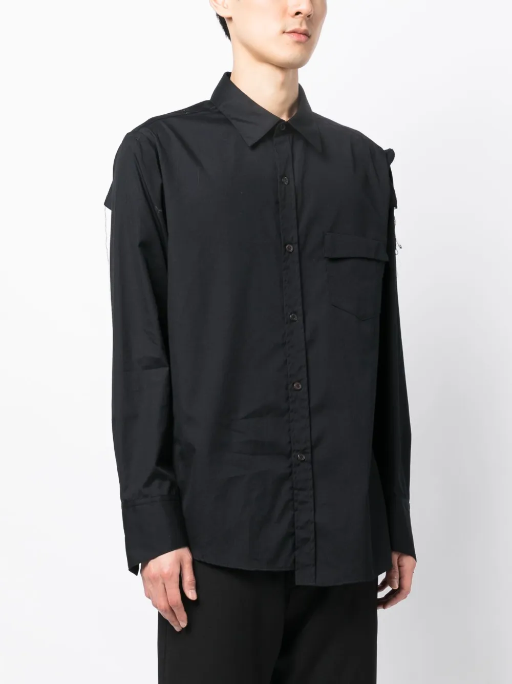 Shop Sulvam Asymmetric Distressed Drop-shoulder Shirt In Black