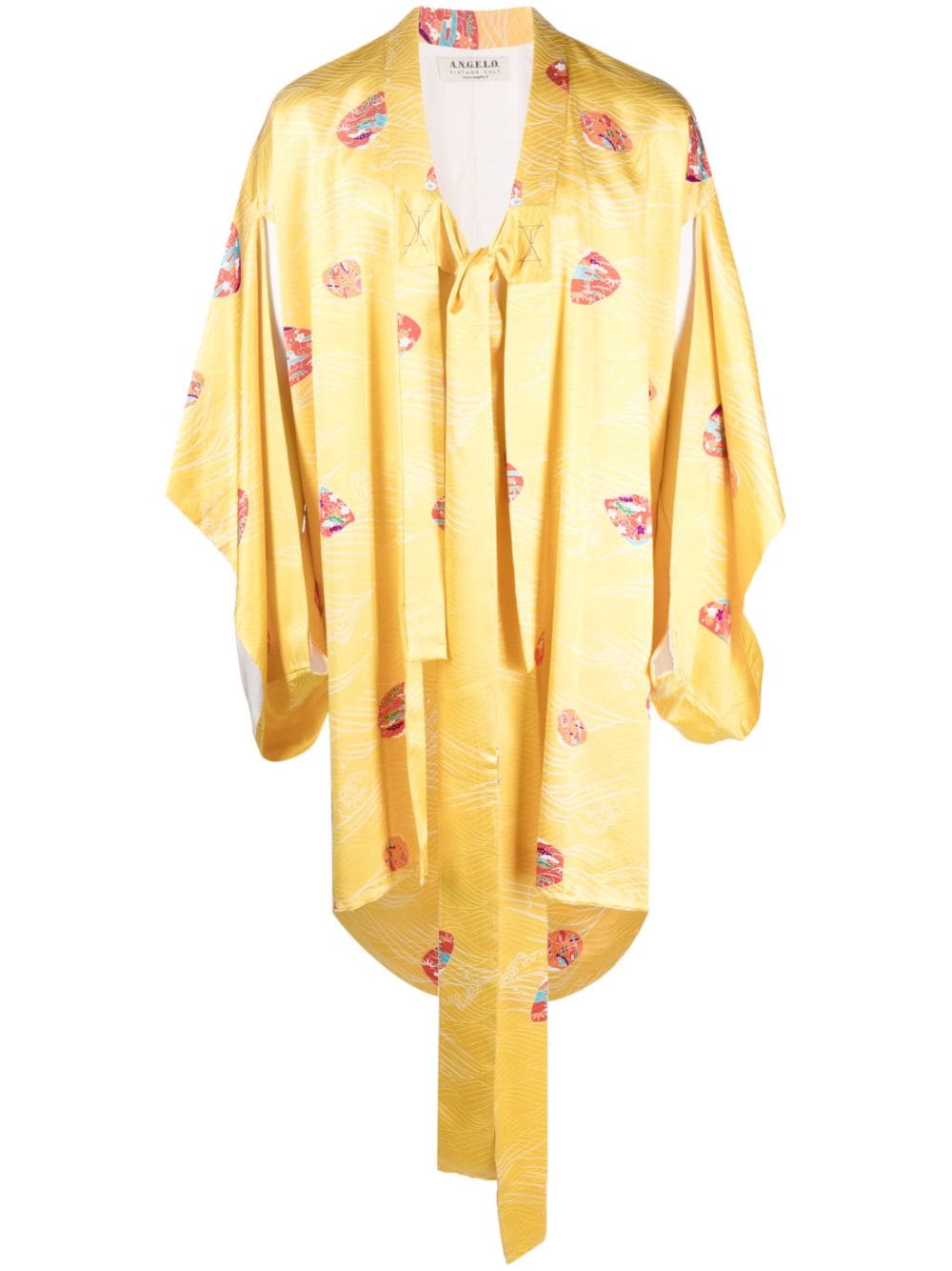 Pre-owned A.n.g.e.l.o. Vintage Cult 1990s Beach Print Square-sleeved Midi Silk Coat In Yellow