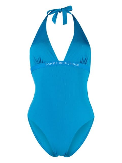 Tommy Hilfiger logo-tape ribbed halterneck swimsuit