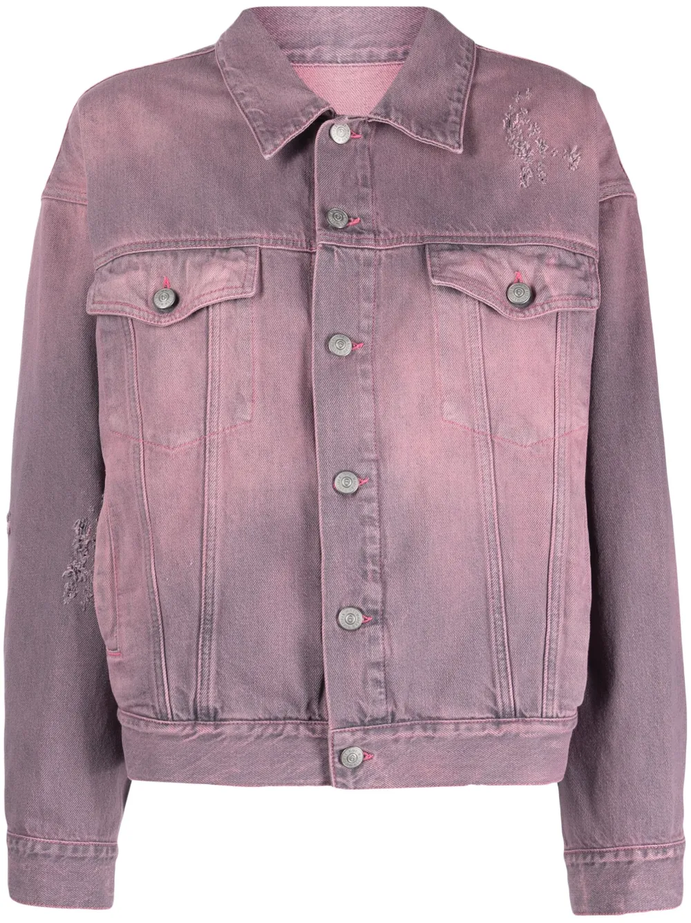 Distressed Denim Jacket with Hot Pink Fur Lining and Collar