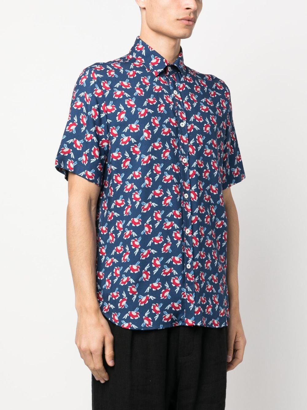 Shop Canali Floral-print Short-sleeve Shirt In Blue