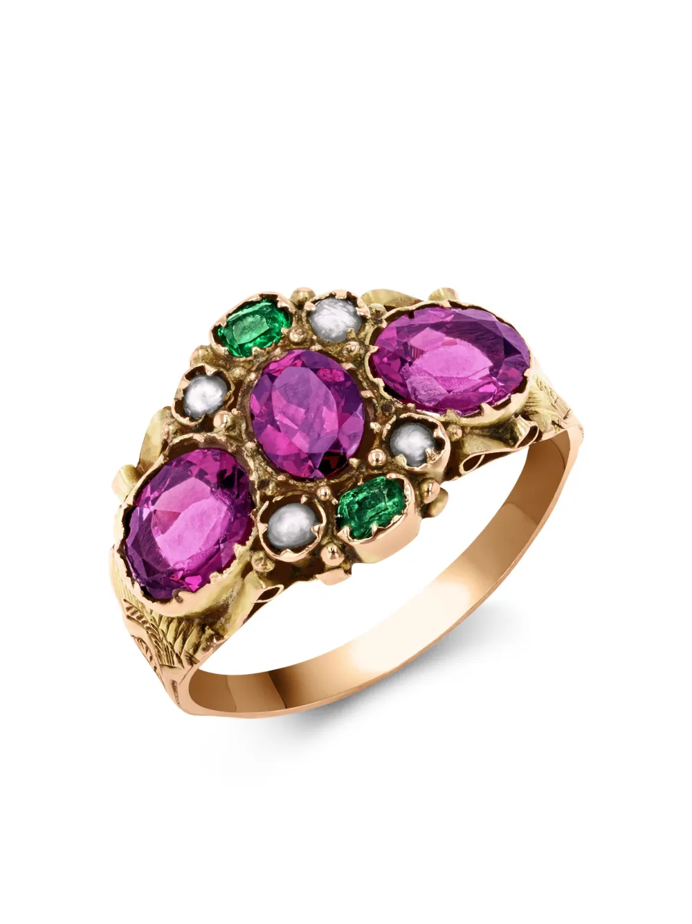 Pragnell Vintage 9kt yellow gold garnet emerald and pearl ring - Goud