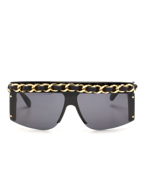 CHANEL 1990-2000 leather-and-chain trimmed shield sunglasses Women