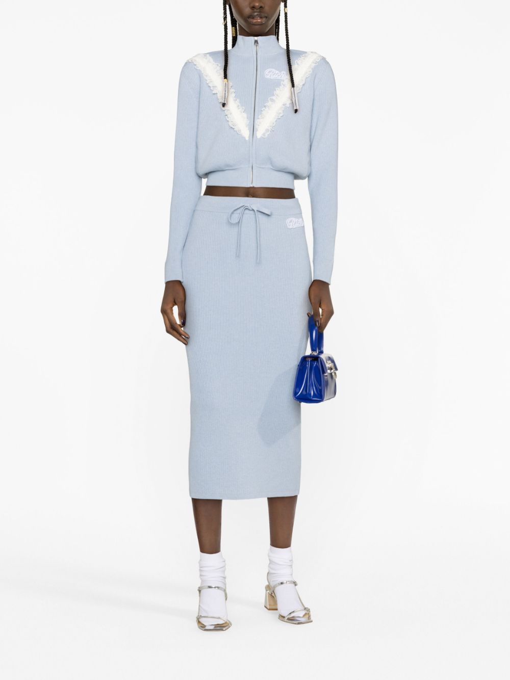 Shop Alessandra Rich Lace-appliqué Cropped Cardigan In Blau