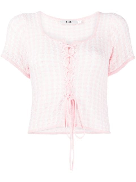 b+ab checked lace-up knitted top