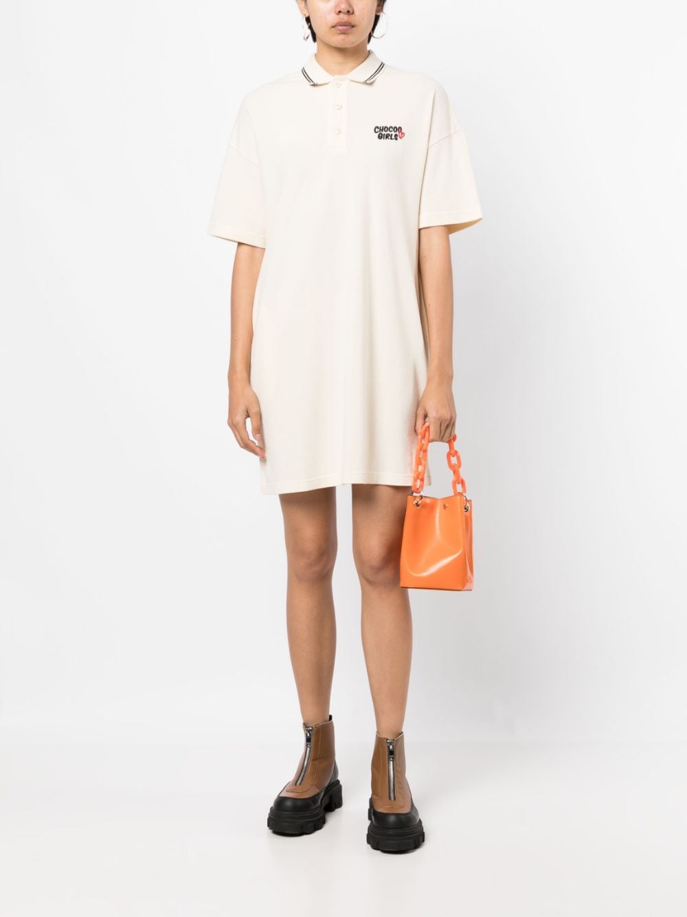 Shop Chocoolate Embroidered-logo Cotton Polo Dress In Neutrals
