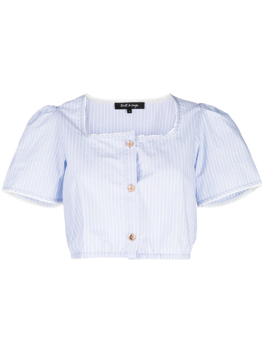 Shop Tout A Coup Striped Cropped Blouse In Blue