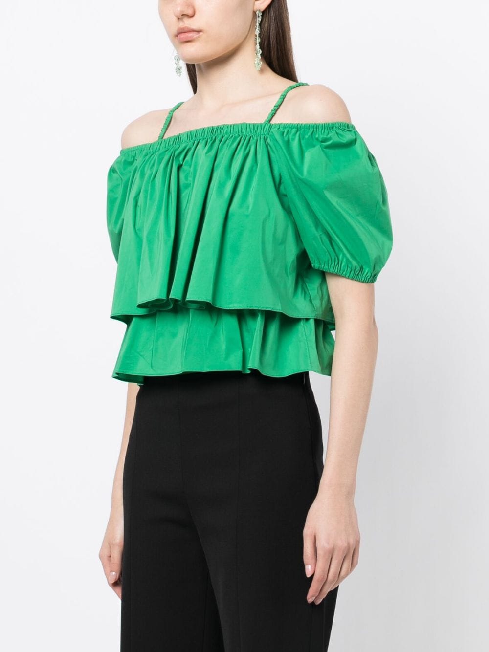 Shop Tout A Coup Cold-shoulder Layered Cropped Cotton-blend Top In Green