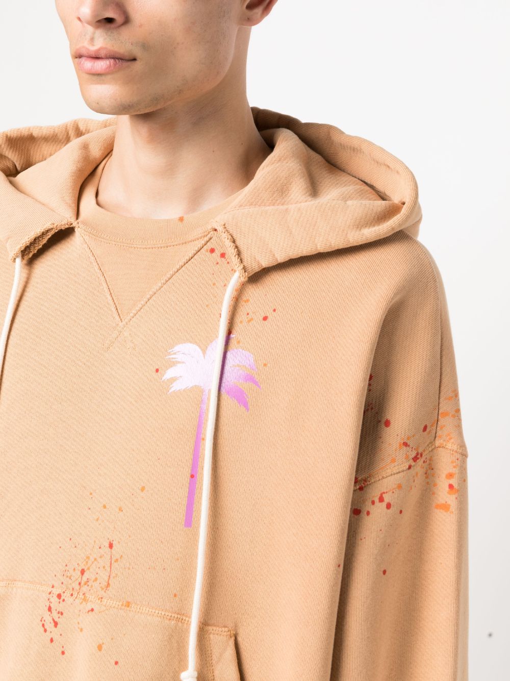 Shop Palm Angels Logo-print Paint-splatter Cotton Hoodie In Neutrals