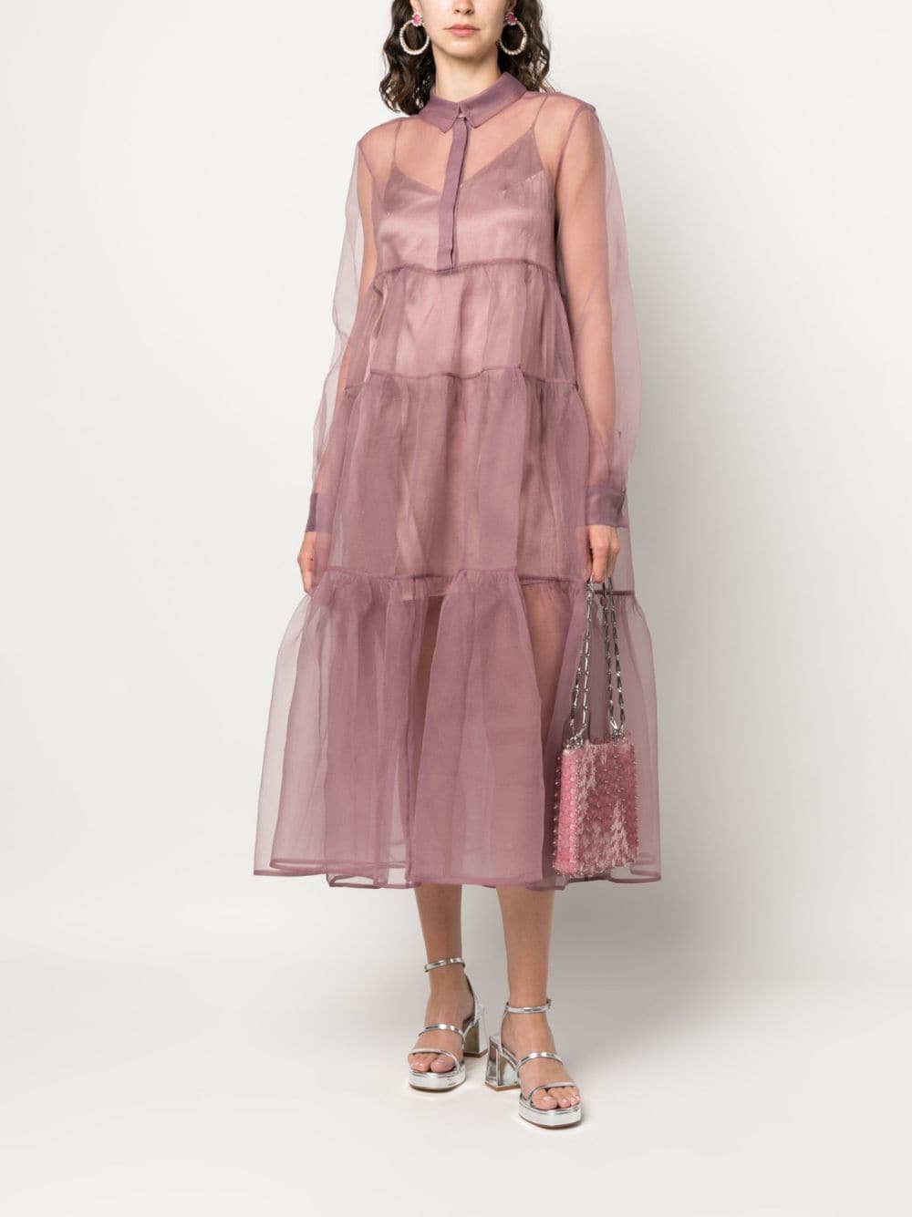 PASKAL tiered sheer-overlay midi dress - Roze