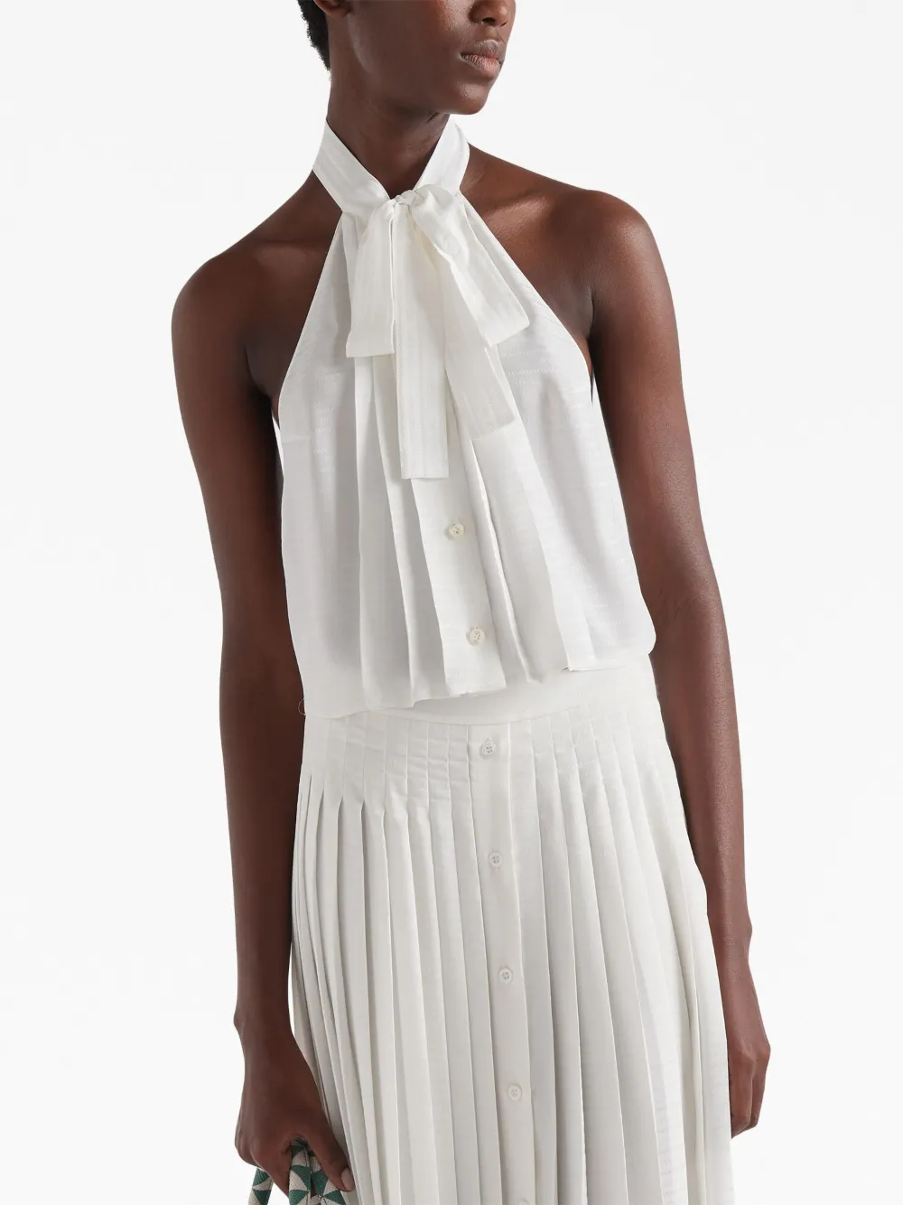 Shop Prada Crepe-de-chine Tie-neck Top In White