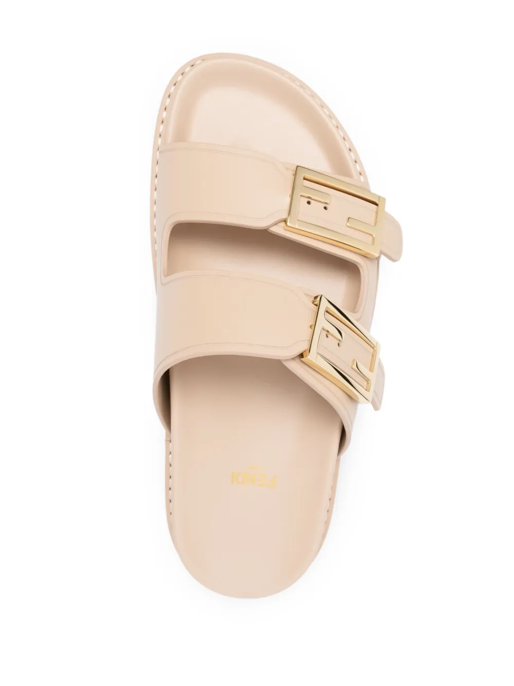 Fendi F Buckle Leather Slide Sandals In Beige