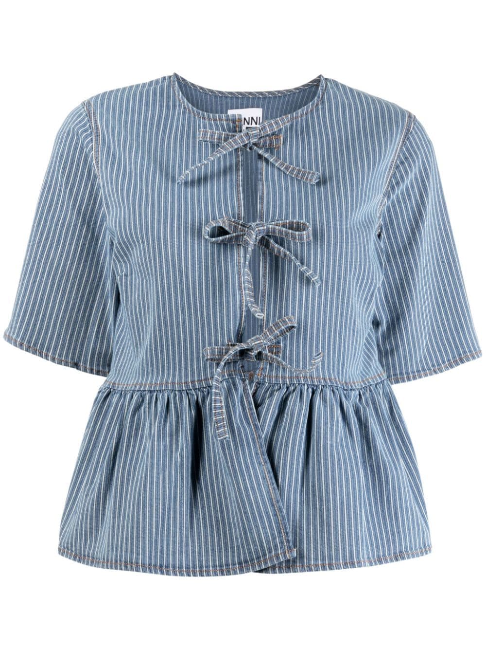 Ganni Striped Organic Cotton Blouse In Blue