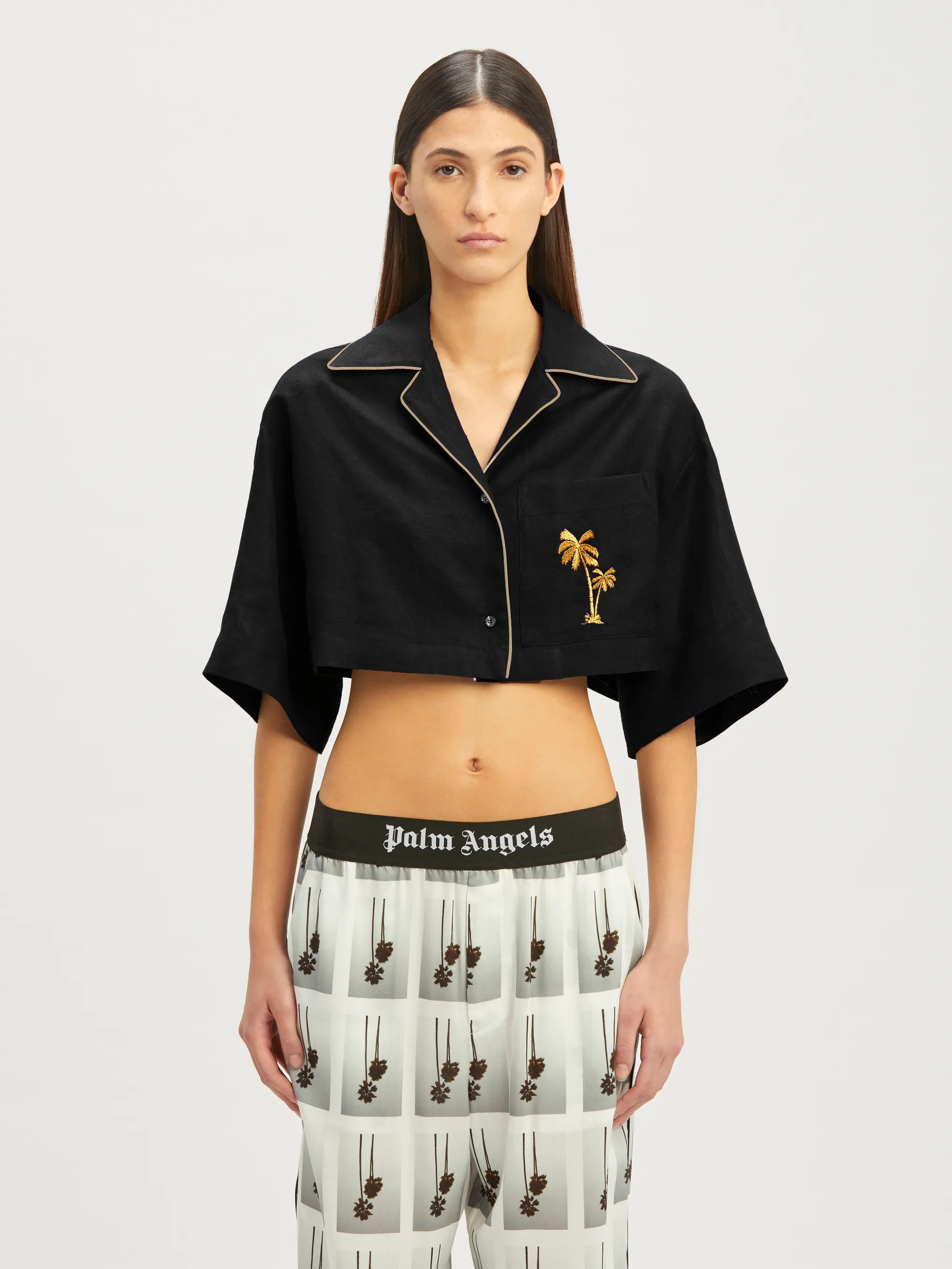 Cropped Linen Bowling Shirt in black Palm Angels® Official