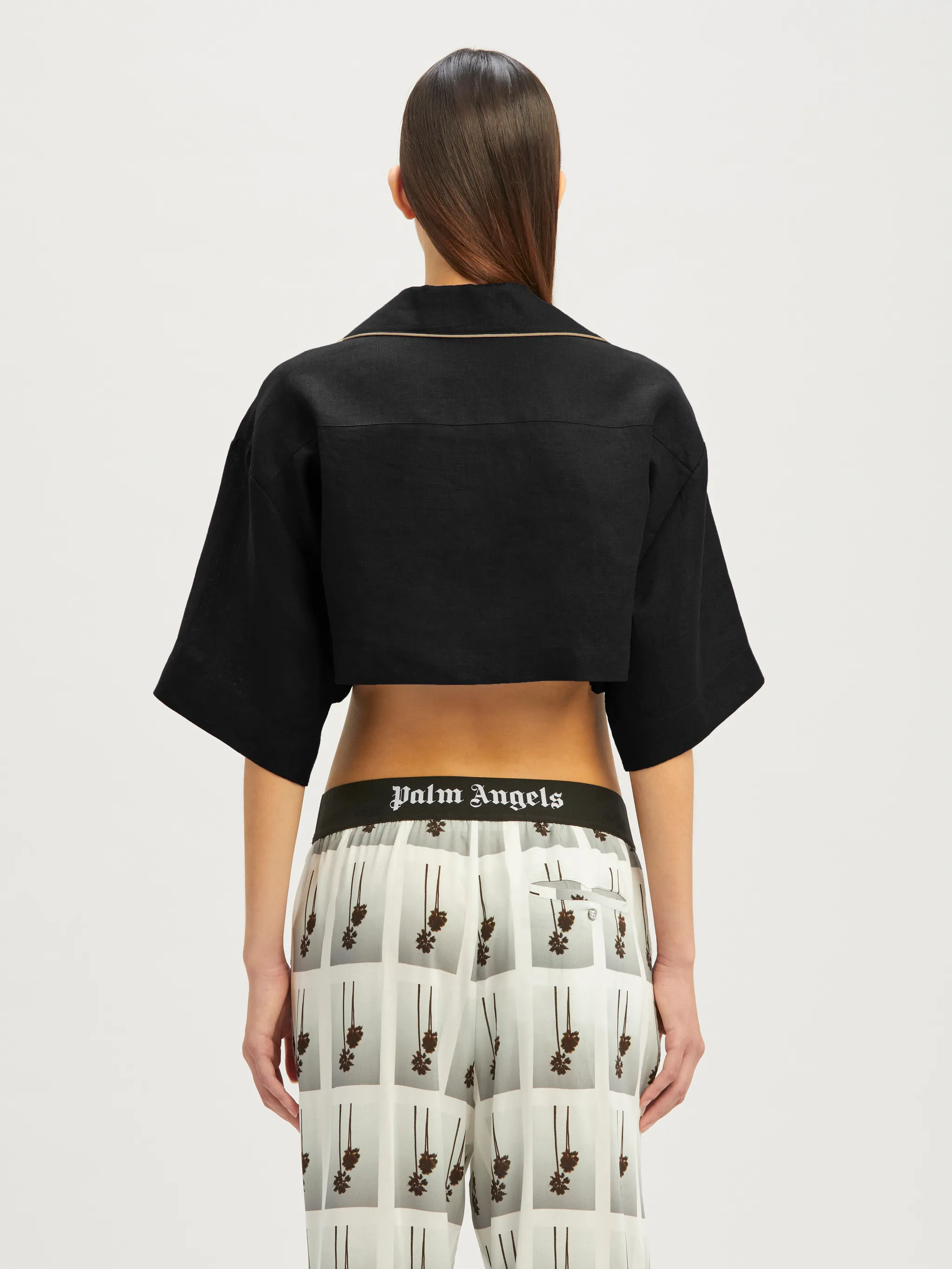 Cropped Linen Bowling Shirt in black Palm Angels® Official