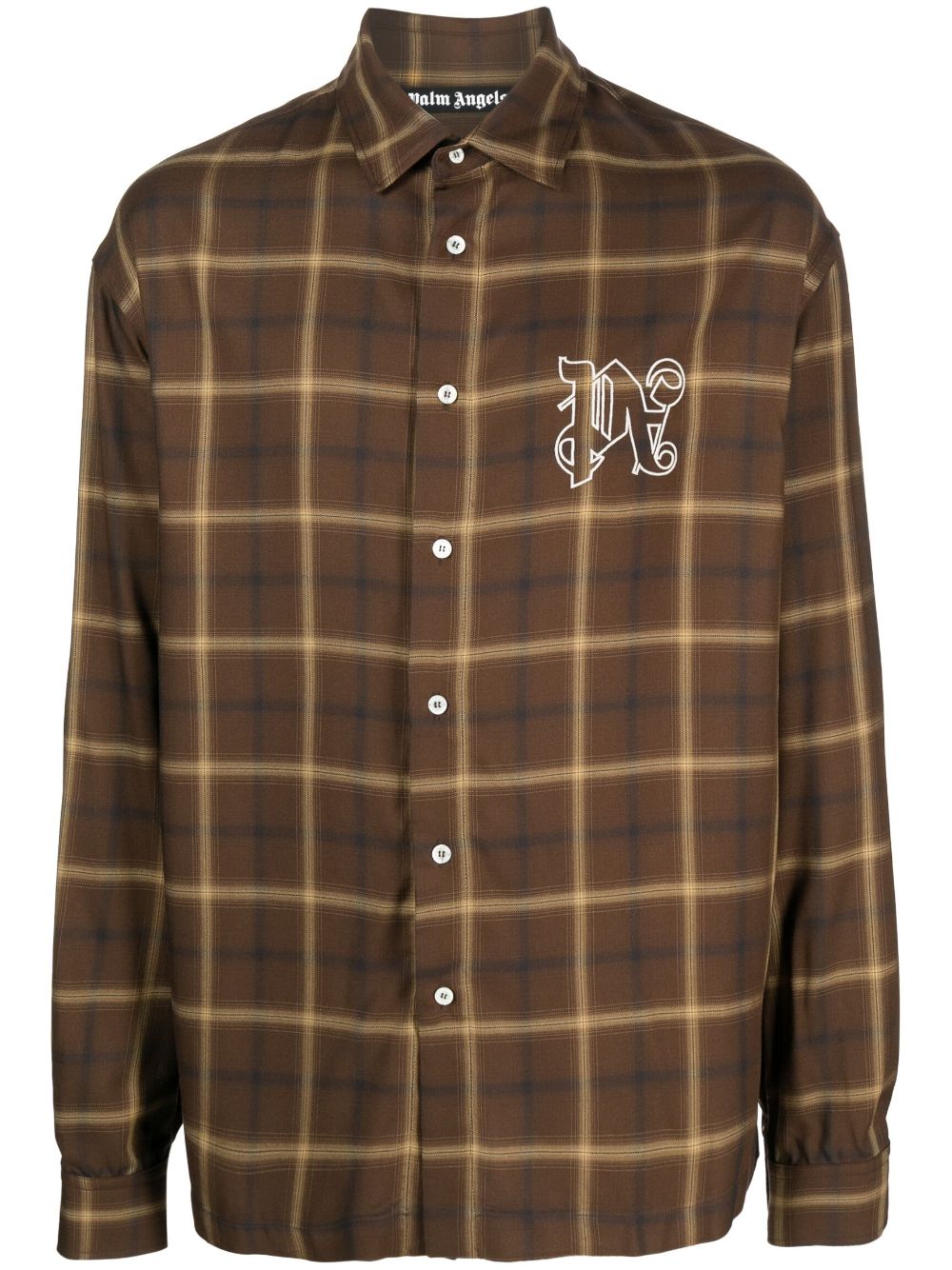 Shop Palm Angels Pa Monogram-print Checked Shirt In Brown