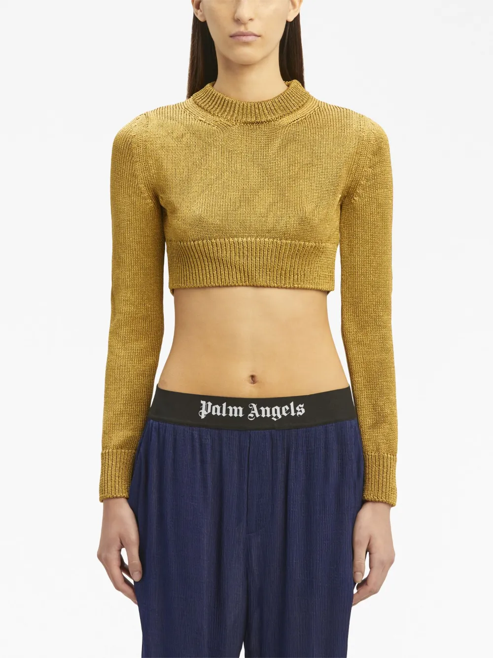 Palm Angels Cropped Laminated Jumper In Gold